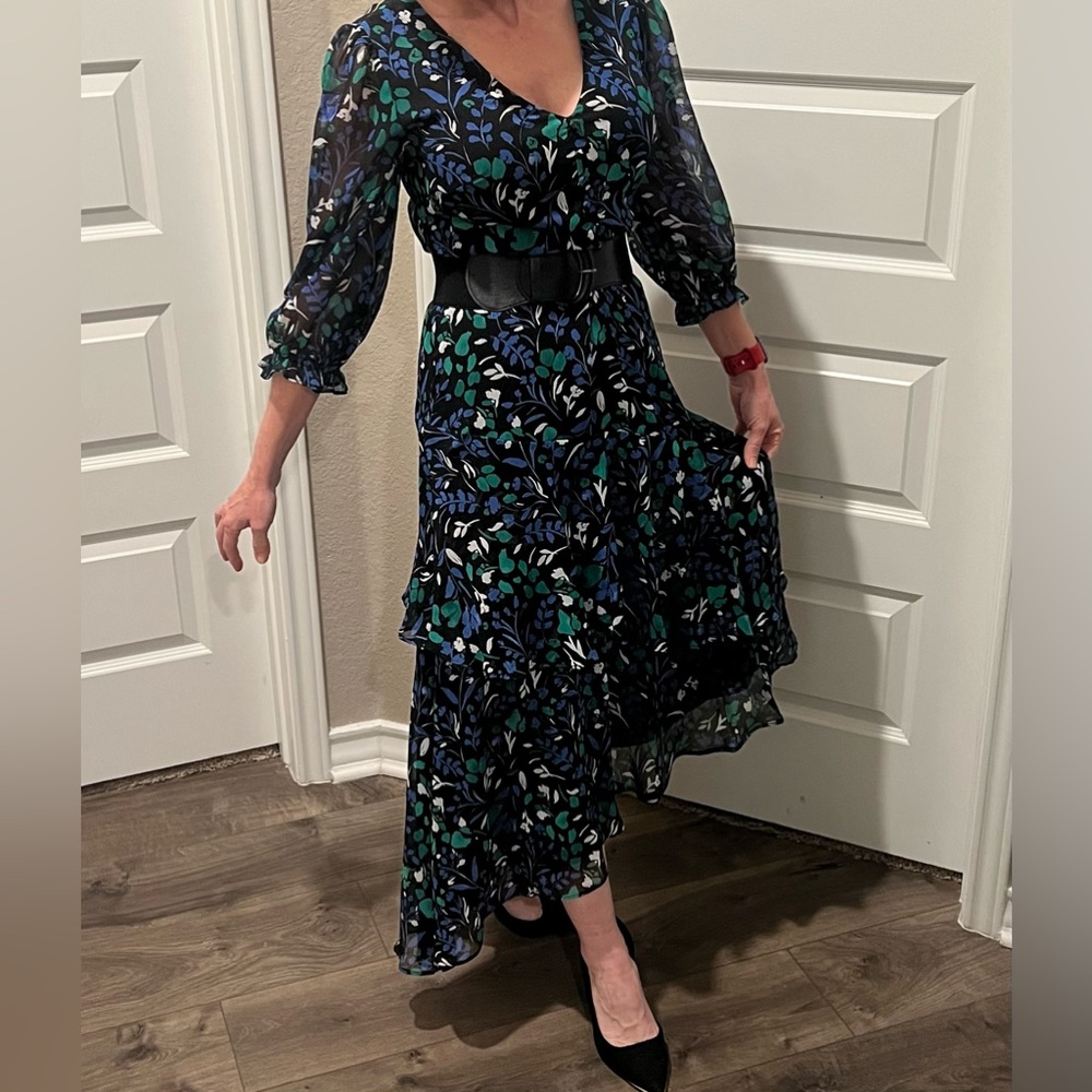 Asymmetrical black floral print dress